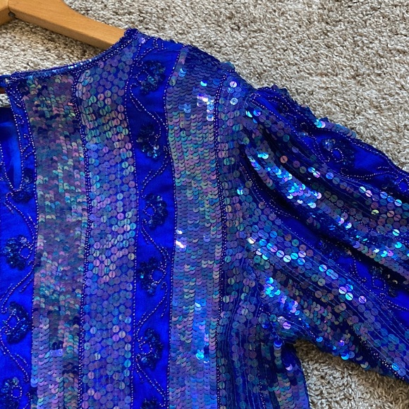 Vintage 80s 90s Tribout Silk Sequin Beaded Royal Blue Glam Event Party Top sz L - Picture 14 of 16